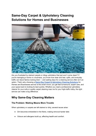 Same-Day Carpet & Upholstery Cleaning Solutions for Homes and Businesses