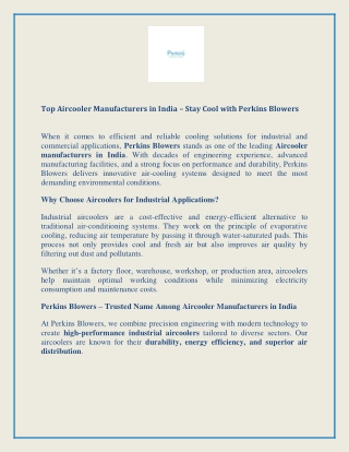 Top Aircooler Manufacturers in India Stay Cool with Perkins Blowers