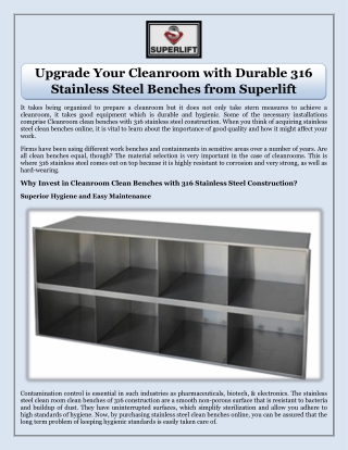 Upgrade Your Cleanroom with Durable 316 Stainless Steel Benches from Superlift