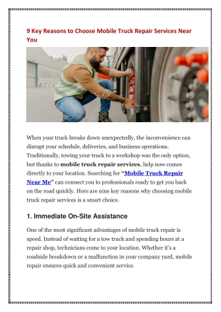 9 Key Reasons to Choose Mobile Truck Repair Services Near You