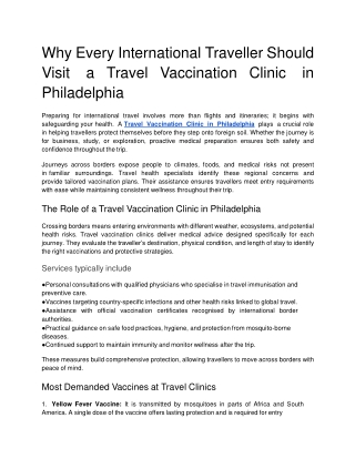 Why Every International Traveller Should Visit a Travel Vaccination Clinic in Philadelphia