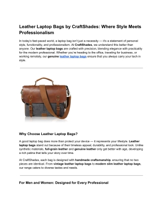 Leather Laptop Bags by CraftShades: Where Style Meets Professionalism