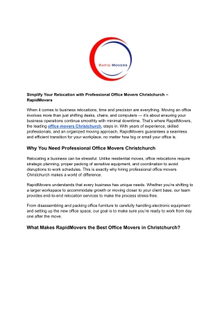 Simplify Your Relocation with Professional Office Movers Christchurch – RapidMovers