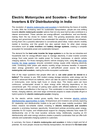 Electric Motorcycles and Scooters – Best Solar Inverters & EV Distributorship in India