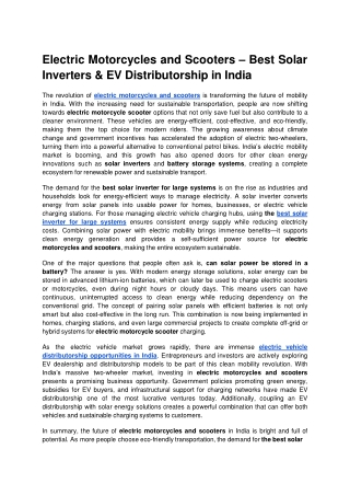 Electric Motorcycles and Scooters – Best Solar Inverters & EV Distributorship in India