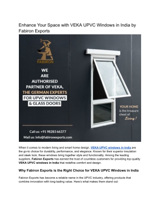 Upgrade Your Home with Premium VEKA UPVC Windows in India by Fabiron Exports