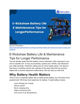 E-Rickshaw Battery Life & Maintenance Tips  for Longer Performance