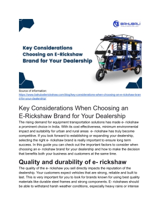 Key Considerations When Choosing an E-Rickshaw Brand for Your Dealership
