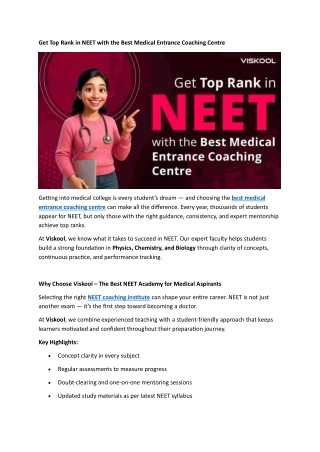 Get Top Rank in NEET with the Best Medical Entrance Coaching Centre