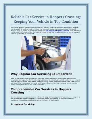 Reliable Car Service in Hoppers Crossing Keeping Your Vehicle in Top Condition