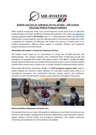 Reliable and Fast Air Ambulance Service in India – SIR Aviation