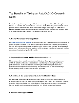 Top Benefits of Taking an AutoCAD 3D Course in Dubai