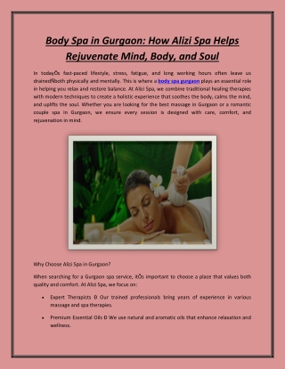 Body Spa in Gurgaon: How Alizi Spa Helps Rejuvenate Mind, Body, and Soul