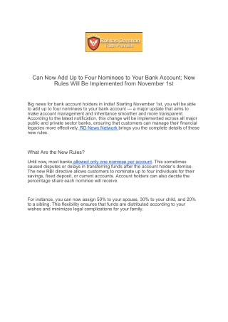 Add Up to Four Nominees to Your Bank Account