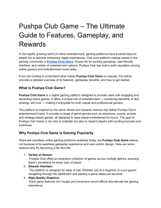 Pushpa Club Game – The Ultimate Guide to Features, Gameplay, and Rewards