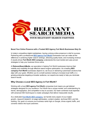 Boost Your Online Presence with a Trusted SEO Agency Fort Worth Businesses Rely On