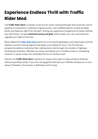 Experience Endless Thrill with Traffic Rider Mod