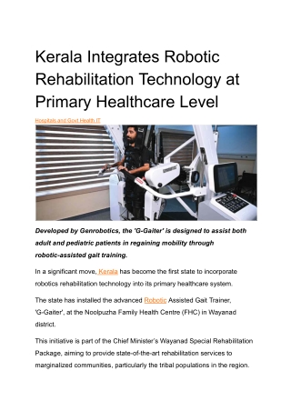 Kerala Integrates Robotic Rehabilitation Technology at Primary Healthcare Level