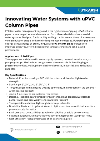 Innovating Water Systems with uPVC Column Pipes by Utkarsh Pipes and Fittings