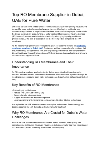 Top RO Membrane Supplier in Dubai, UAE for Pure Water