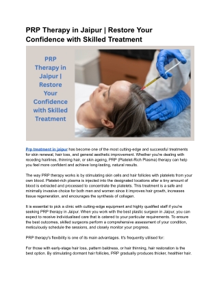 PRP Therapy in Jaipur _ Restore Your Confidence with Skilled Treatment