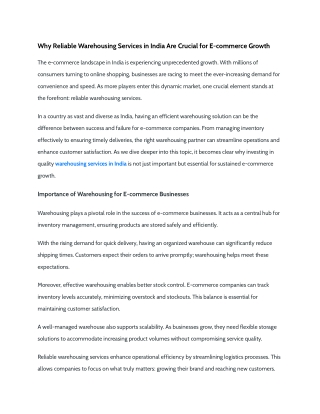 Why Reliable Warehousing Services in India Are Crucial for E-commerce Growth