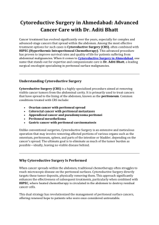 Cytoreductive Surgery in Ahmedabad: Advanced Cancer Care with Dr. Aditi Bhatt