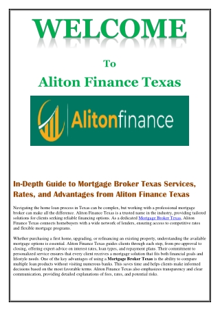 In-Depth Guide to Mortgage Broker Texas Services, Rates, and Advantages from Aliton Finance Texas