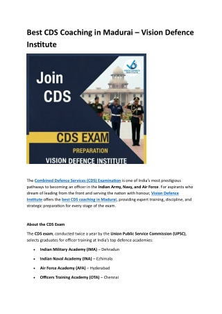 Best CDS Coaching in Madurai – Vision Defence Institute