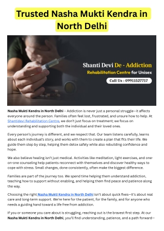 Nasha Mukti Kendra in North Delhi