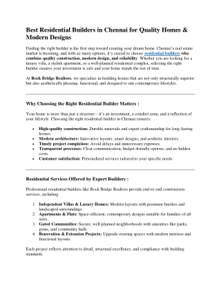 Top Residential Builders in Chennai | Quality Homes by Rock Bridge Realtors