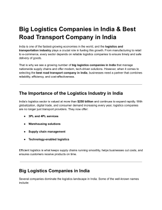 Big Logistics Companies in India & Best Road Transport Company in India