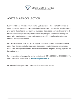 Agate Slabs Collection | Luxury Gemstone Slabs for Interiors | Subh Gem Stones