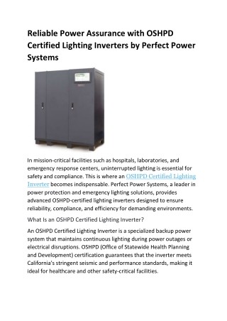 OSHPD Certified Lighting Inverter | Reliable Solutions by Perfect Power Systems