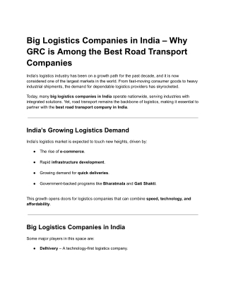 Big Logistics Companies in India & Best Road Transport Company in India.