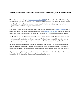 Best Eye Hospital in KPHB _ Trusted Ophthalmologists at MediVision