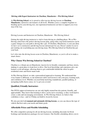 Driving Lessons and Instructors in Chorlton, Manchester - Wiz Driving School