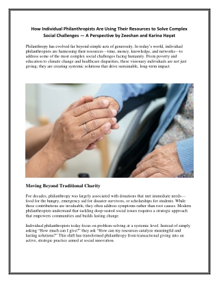 How Individual Philanthropists Are Using Their Resources to Solve Complex Social Challenges — A Perspective by Zeeshan a