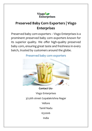 Preserved Baby Corn Exporters | Visgo Enterprises