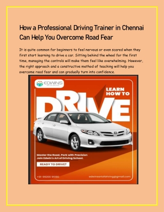 How a professional driving trainer in chennai can help you overcome road fear