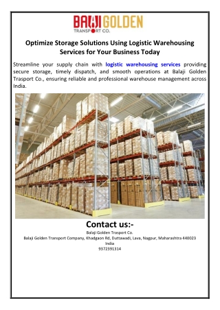 Optimize Storage Solutions Using Logistic Warehousing Services for Your Business