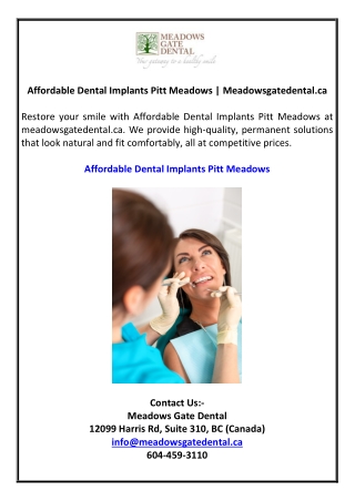 Affordable Dental Implants Pitt Meadows | Meadowsgatedental.ca