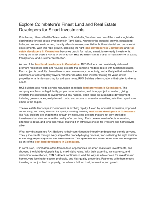 Explore Coimbatore’s Finest Land and Real Estate Developers for Smart Investments