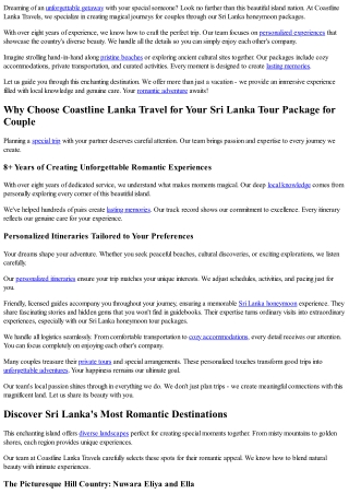 Romantic Sri Lanka Tour Package for Couples with Coastline Lanka Travels