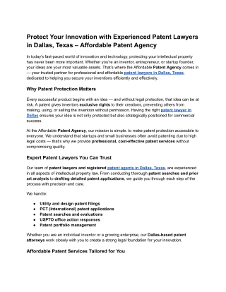 Protect Your Innovation with Experienced Patent Lawyers in Dallas, Texas – Affordable Patent Agency