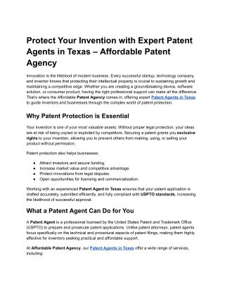 Protect Your Invention with Expert Patent Agents in Texas – Affordable Patent Agency