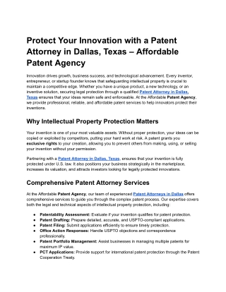 Protect Your Innovation with a Patent Attorney in Dallas, Texas – Affordable Patent Agency
