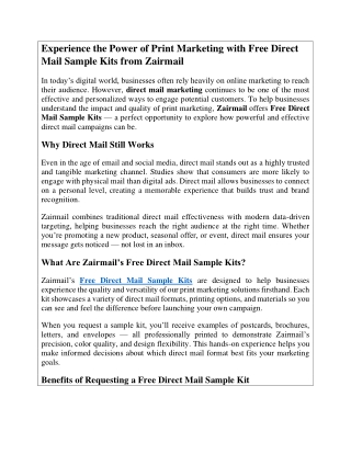 Experience the Power of Print Marketing with Free Direct Mail Sample Kits from Zairmail