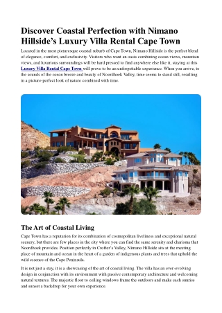 Discover Coastal Perfection with Nimano Hillside’s Luxury Villa Rental Cape Town