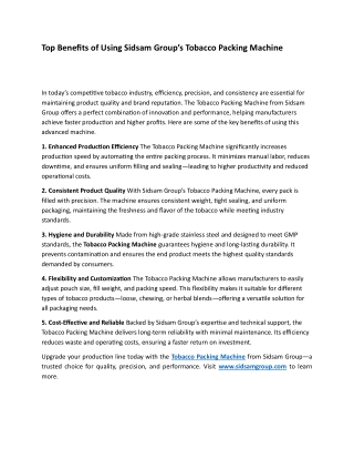 Top Benefits of Using Sidsam Group’s Tobacco Packing Machine